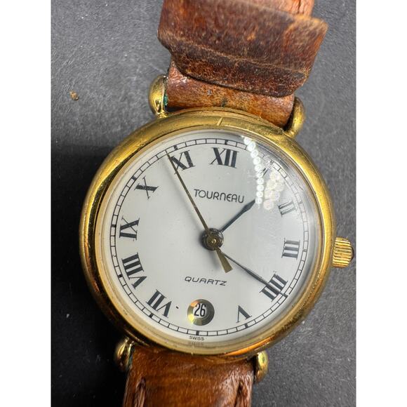 Vintage 90's Tourneau Dress Quartz Date Watch Gold Tone Brown Leather Band 24mm - Picture 6 of 11